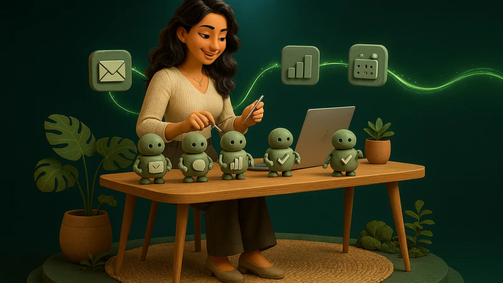An AI operator at a wooden workbench tunes five small clay robot helpers, each carrying a glowing app tile, all wired back to her laptop by emerald lines.