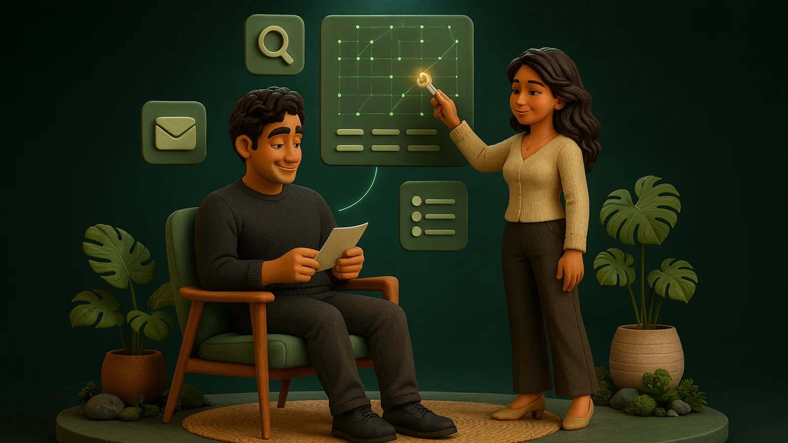 A founder relaxes in an armchair reading a single note while an AI operator beside him reaches up with a small tool to fix one glowing point on a floating panel of linked app tiles.