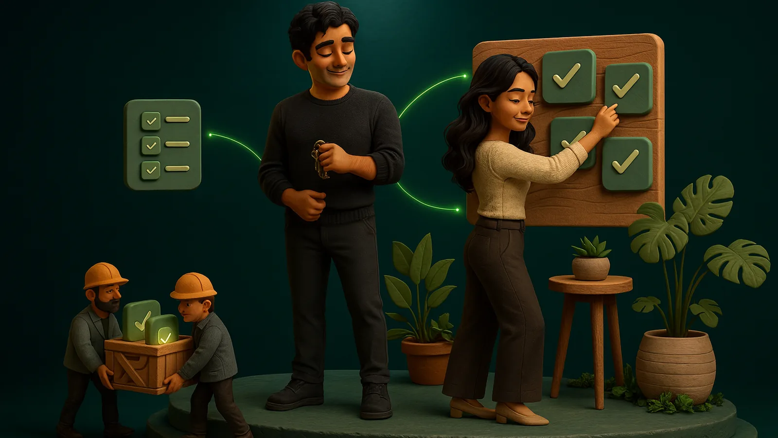 Two small workers carry a crate of glowing app tiles off the platform while the founder holds his keys and an AI operator pins checked tiles to a wooden board.