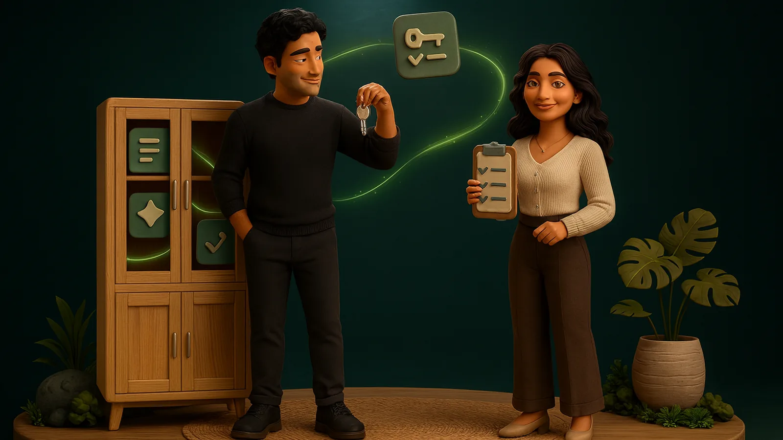 A founder holds up his keys beside a wooden cabinet of glowing app tiles he owns, while an AI operator stands next to him with a handover checklist.