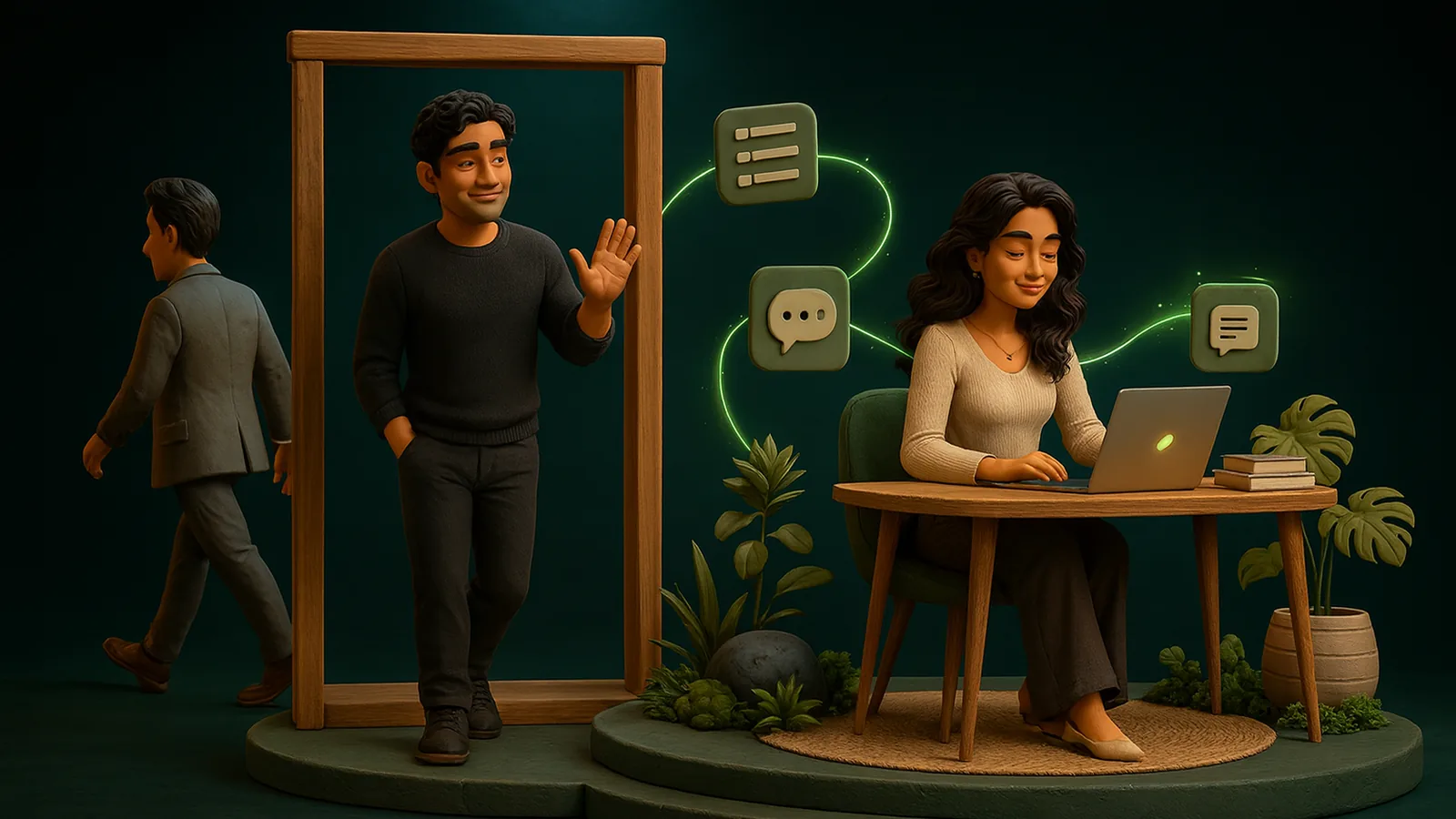 A founder in a black sweater waves goodbye from a doorway as a visiting consultant walks away, while an AI operator stays at her desk wiring glowing app tiles together.