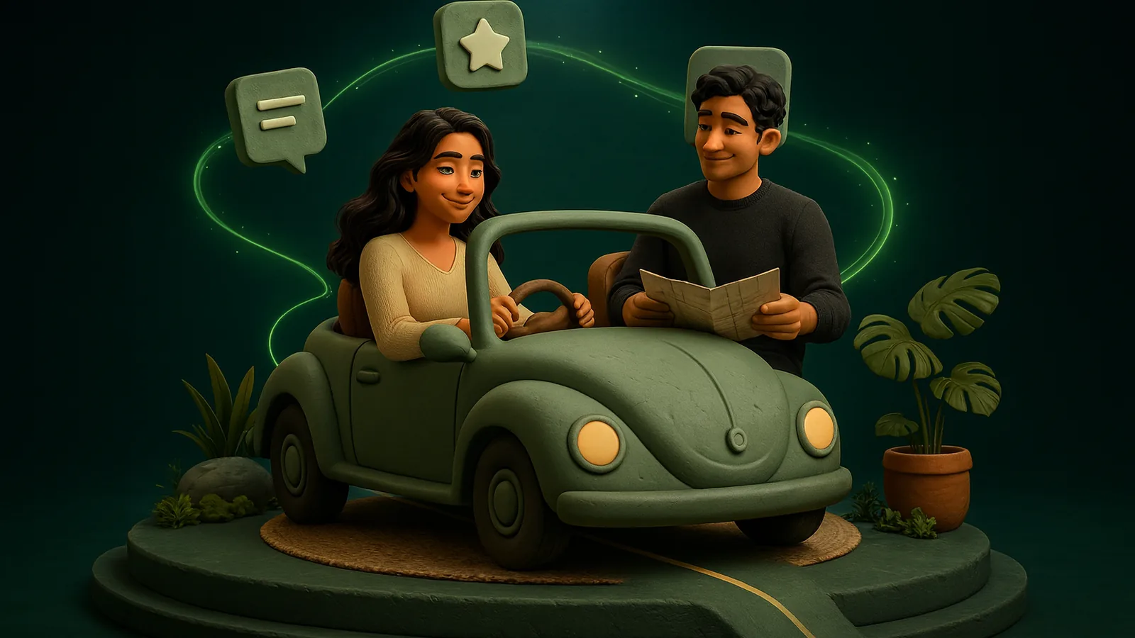 An AI operator drives a small sage clay car while the founder relaxes in the passenger seat holding a paper map he no longer needs.
