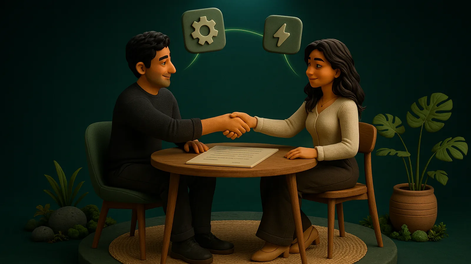 A founder and an AI operator sit at a round wooden table and shake hands over a job posting, with glowing gear and lightning tiles floating above them.