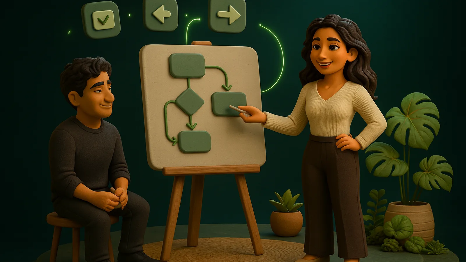 An AI operator presents a flowchart of connected boxes on a clay easel while a founder on a stool watches and smiles.
