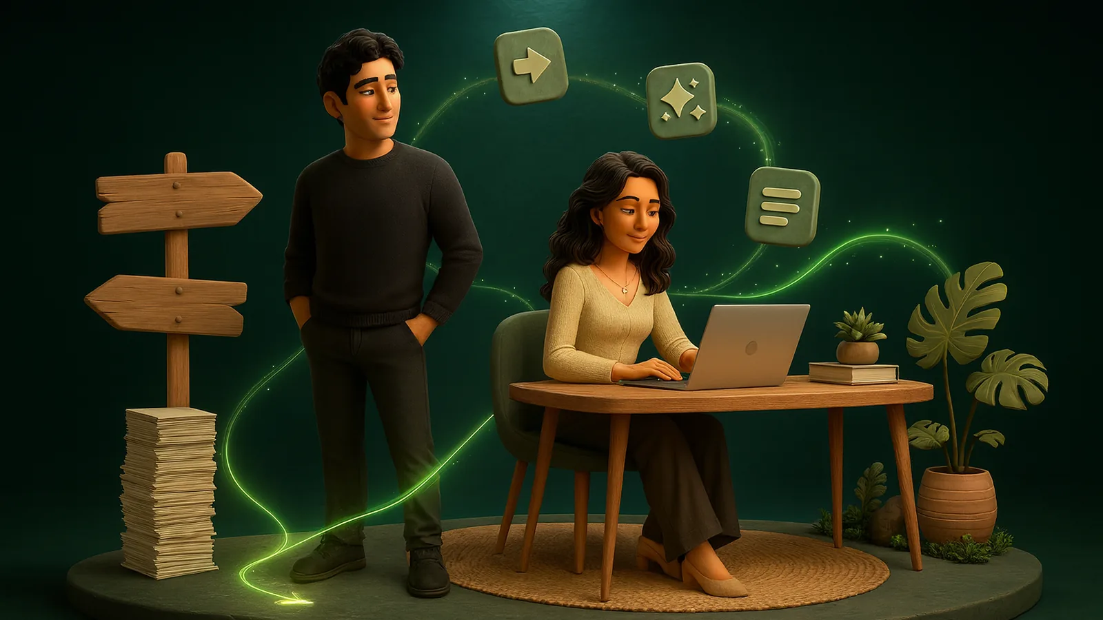 A founder stands at a fork in a glowing path: one way leads to a stack of reports, the other to an AI operator building at her desk.