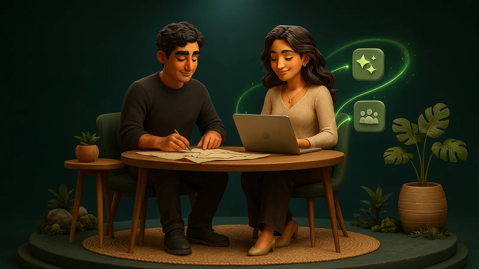 A founder sketches on a paper map at a wooden table while an AI operator beside him works on her laptop, glowing app tiles rising from it.