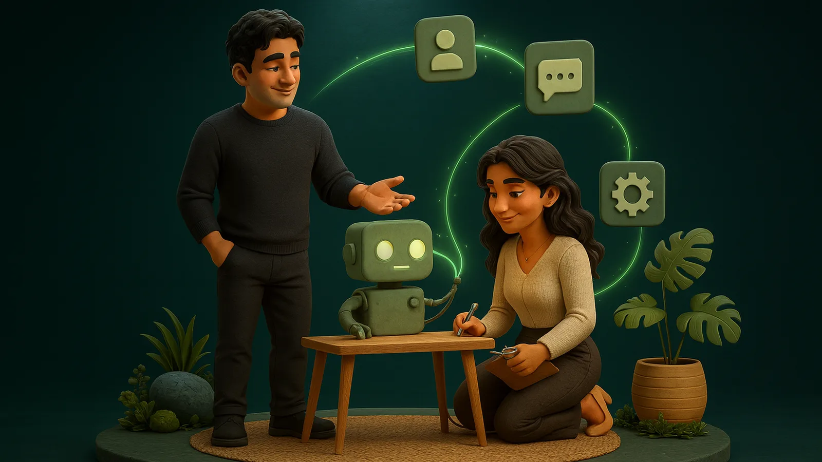 A founder gestures toward a small clay robot at a wooden desk while an AI operator kneels beside it with a clipboard, adjusting the cable that links it to floating app tiles.