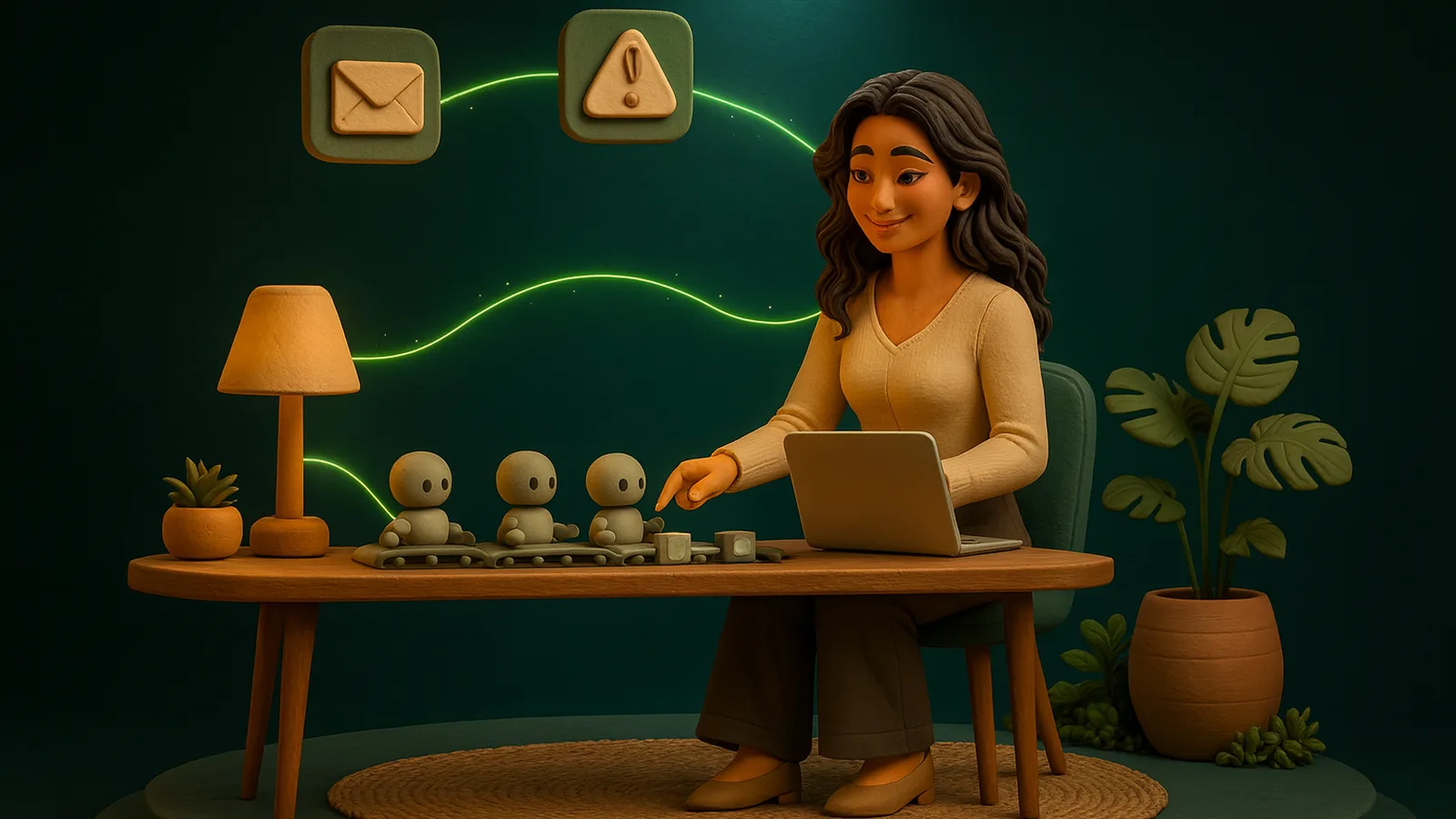 An AI operator at a wooden desk with a warm lamp watches three small clay robots on a conveyor and reaches to help, while a warning tile glows next to an envelope tile above them.