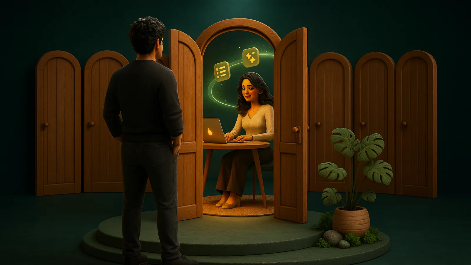 A founder faces a row of wooden doors; the center one stands open with emerald light and an AI operator working at a desk inside.