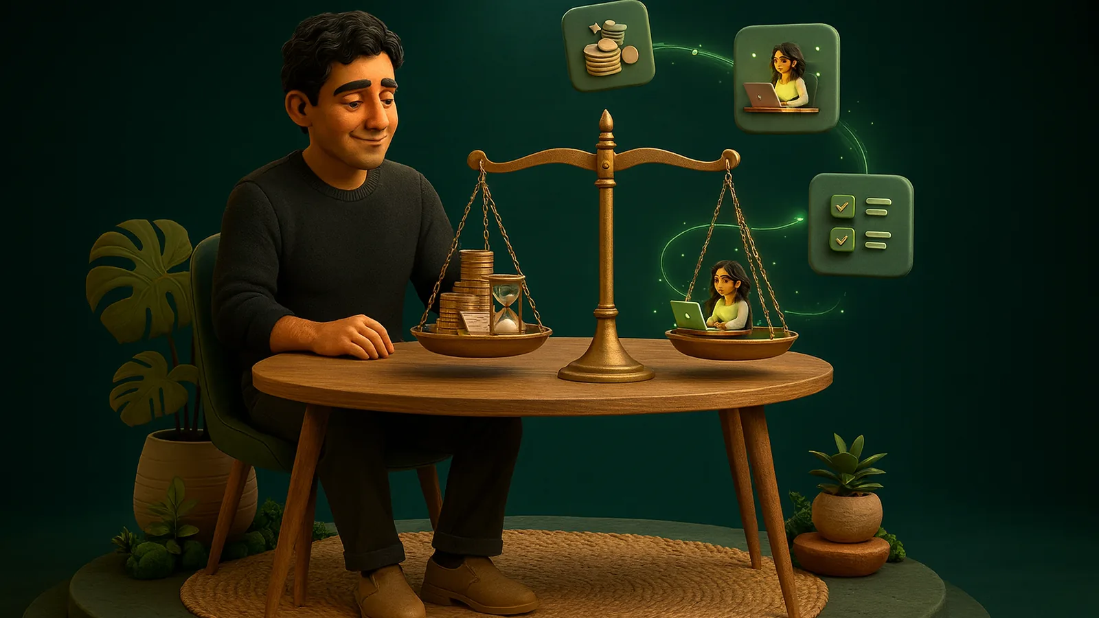 A founder at a wooden table looks at a balanced brass scale, coins and an hourglass on one side and a tiny AI operator at her desk on the other.
