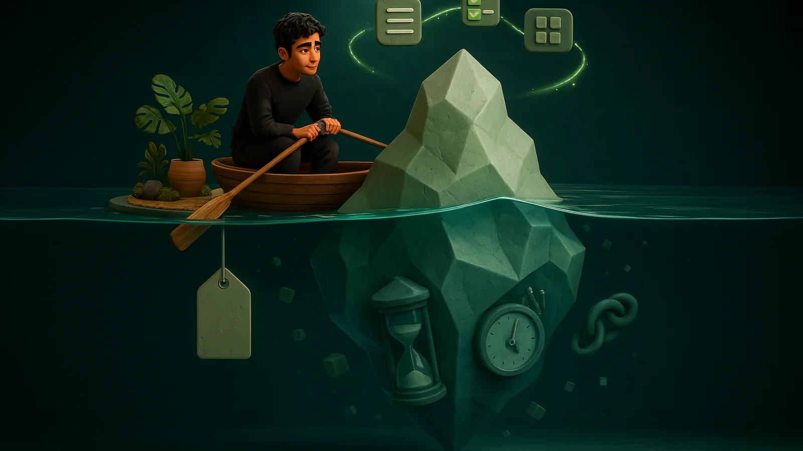 A founder in a rowing boat peers over the side at an iceberg: a small tip with a price tag above water, and a huge hidden mass below holding an hourglass, a clock and a broken chain link.