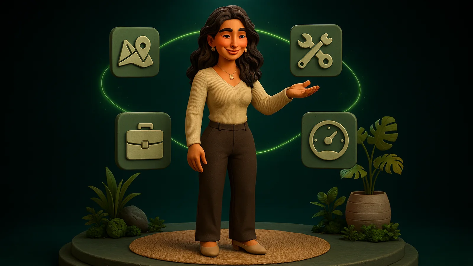 An AI operator stands at the center of a ring of four glowing app tiles, a map, a wrench, a gauge and a briefcase, joined in a loop by an emerald line.