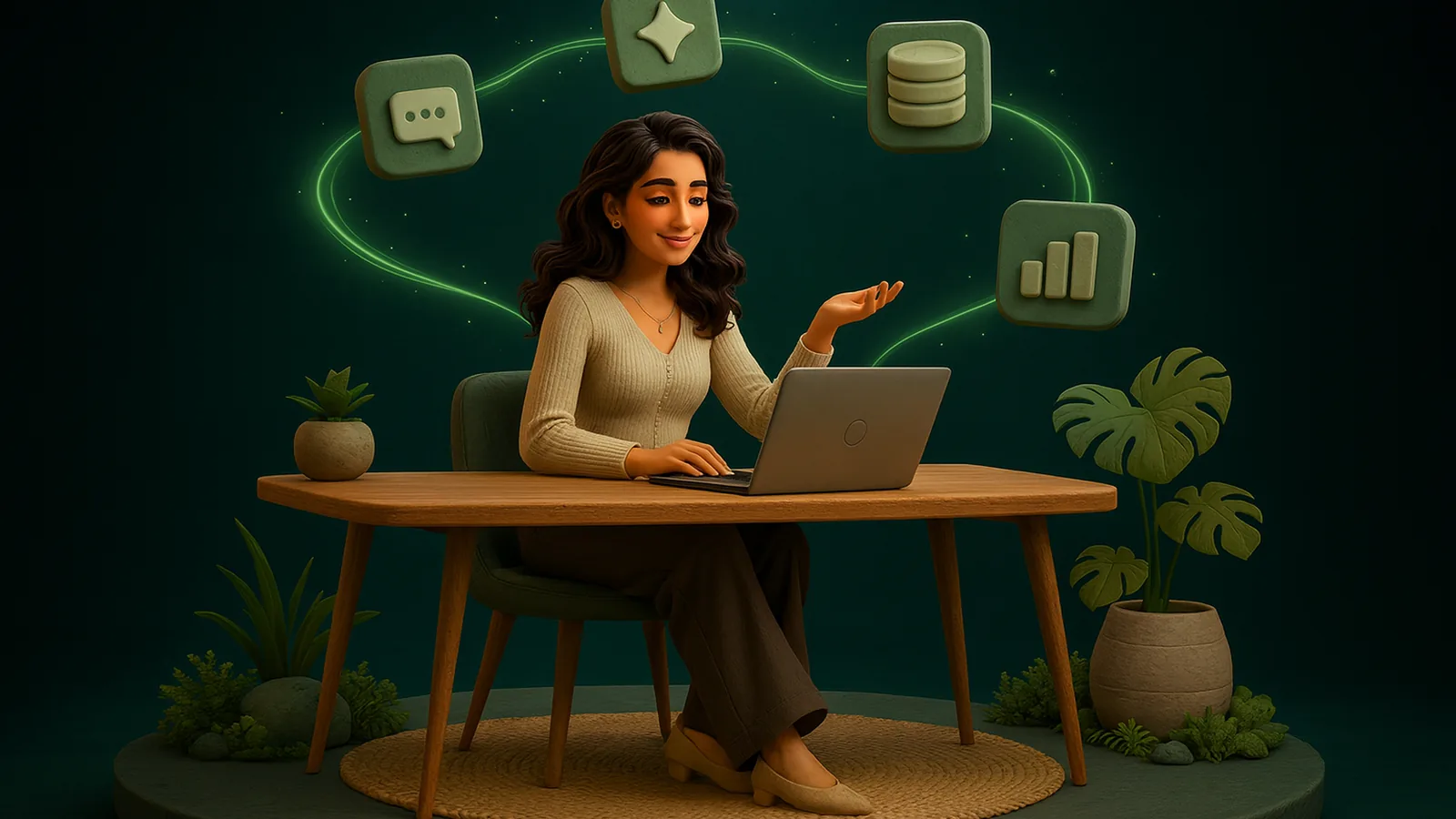 An AI operator at a wooden desk building on a laptop while glowing app tiles, a chat bubble, an AI sparkle, a database and a dashboard, are wired together above her.