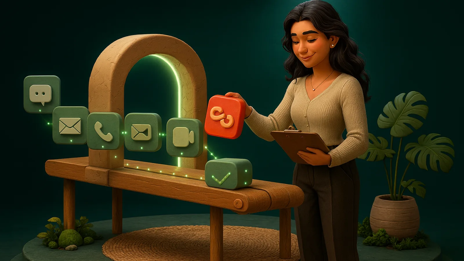 An AI operator with a clipboard beside a small conveyor belt passing through a glowing arch, lifting off one red tile with a broken link while the others glow green.