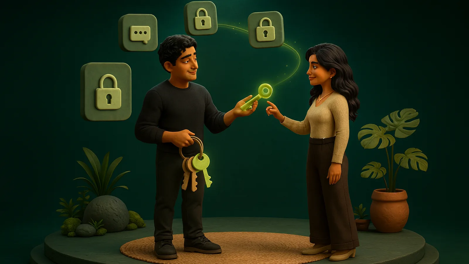 A founder holding a ring of keys hands one glowing key to an AI operator, while padlocked app tiles float above them.
