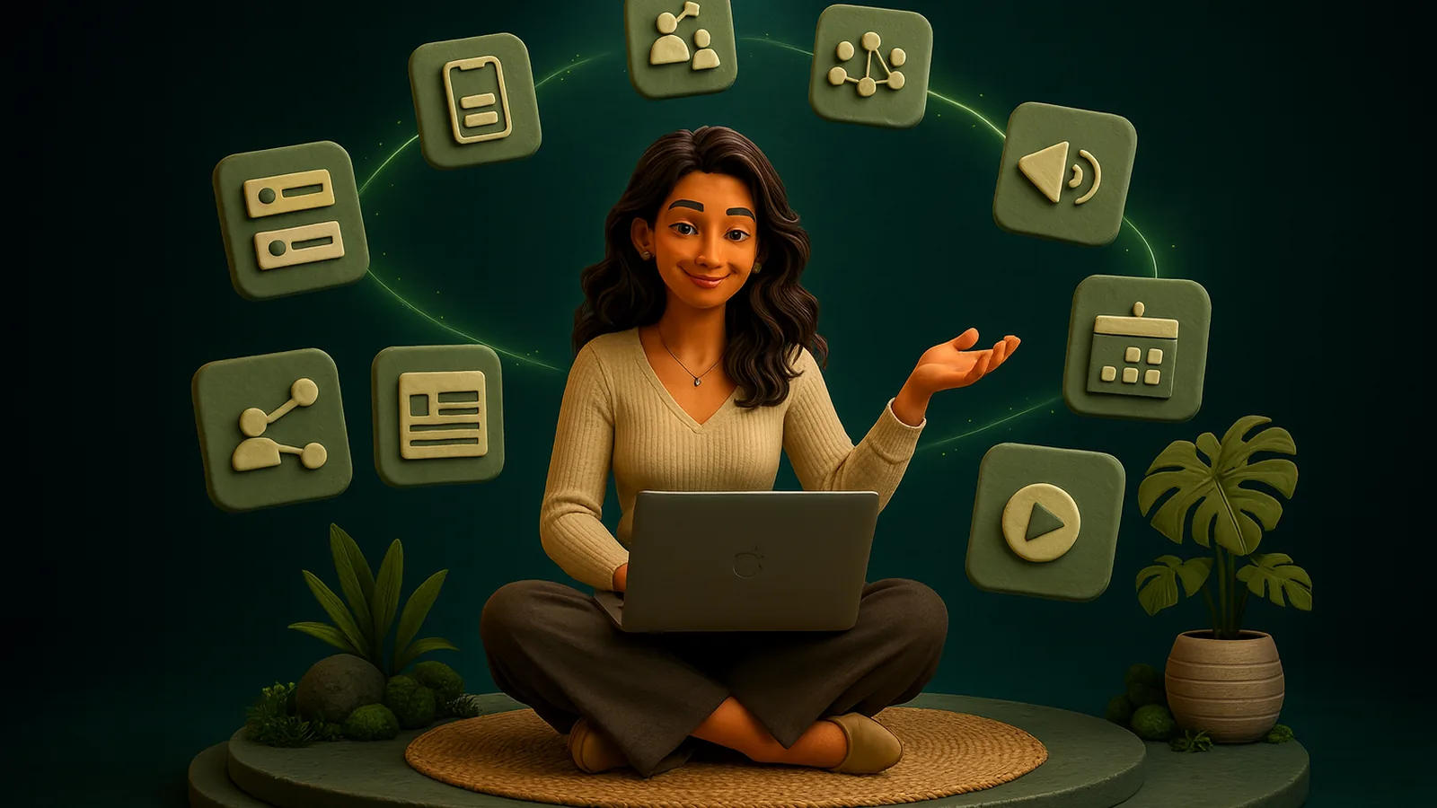 An AI operator sits cross-legged with a laptop while a constellation of glowing app tiles, an app screen, a calendar, a team network, a video and a voice wave, circles around her.