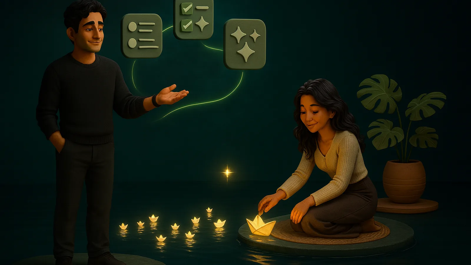 A founder in a black sweater watches as an AI operator launches small glowing paper boats across dark water, most fading away while one keeps glowing.