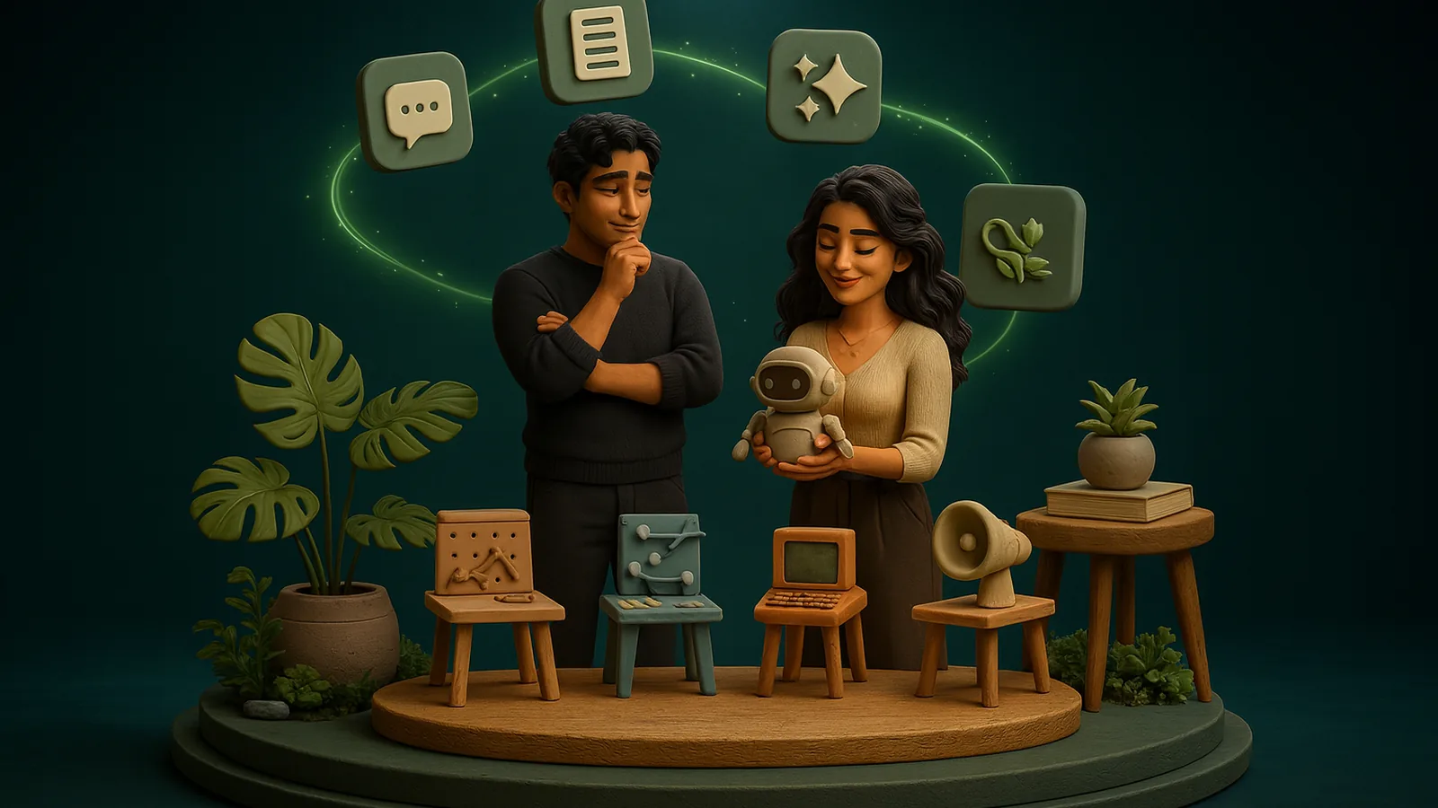 A founder, hand on his chin, studies four small clay workbenches, each a different way to build, while an AI operator beside him holds a little clay robot she has just assembled under a ring of glowing app tiles.