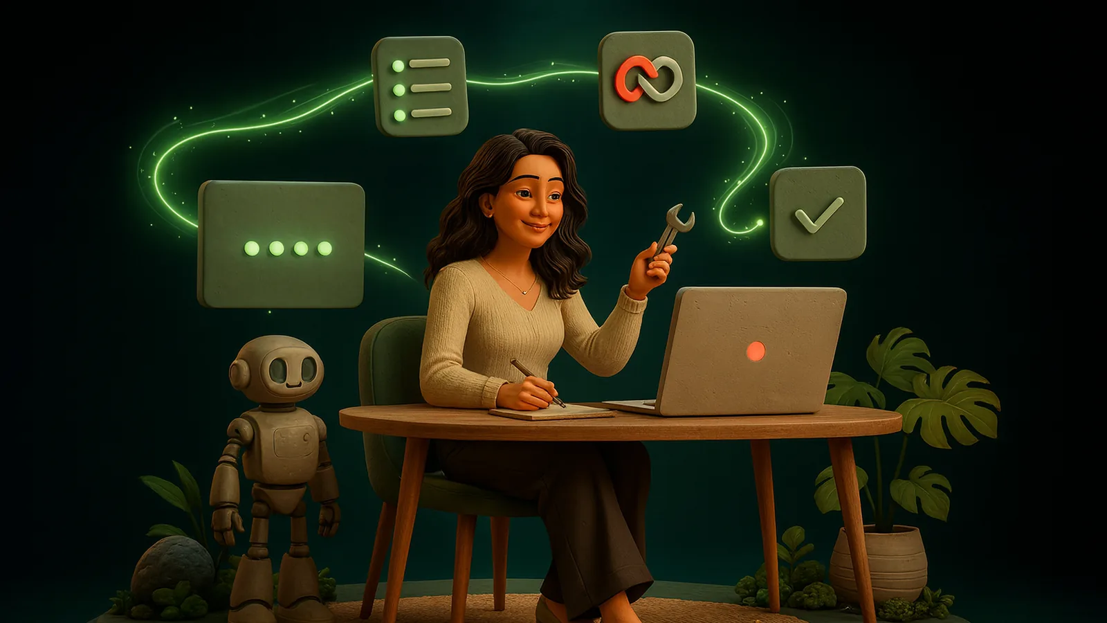 An AI operator at a wooden desk holds up a wrench and takes notes while her laptop shows a red warning light and a chain of glowing app tiles above her includes one red broken link, with a clay robot helper standing beside the desk.