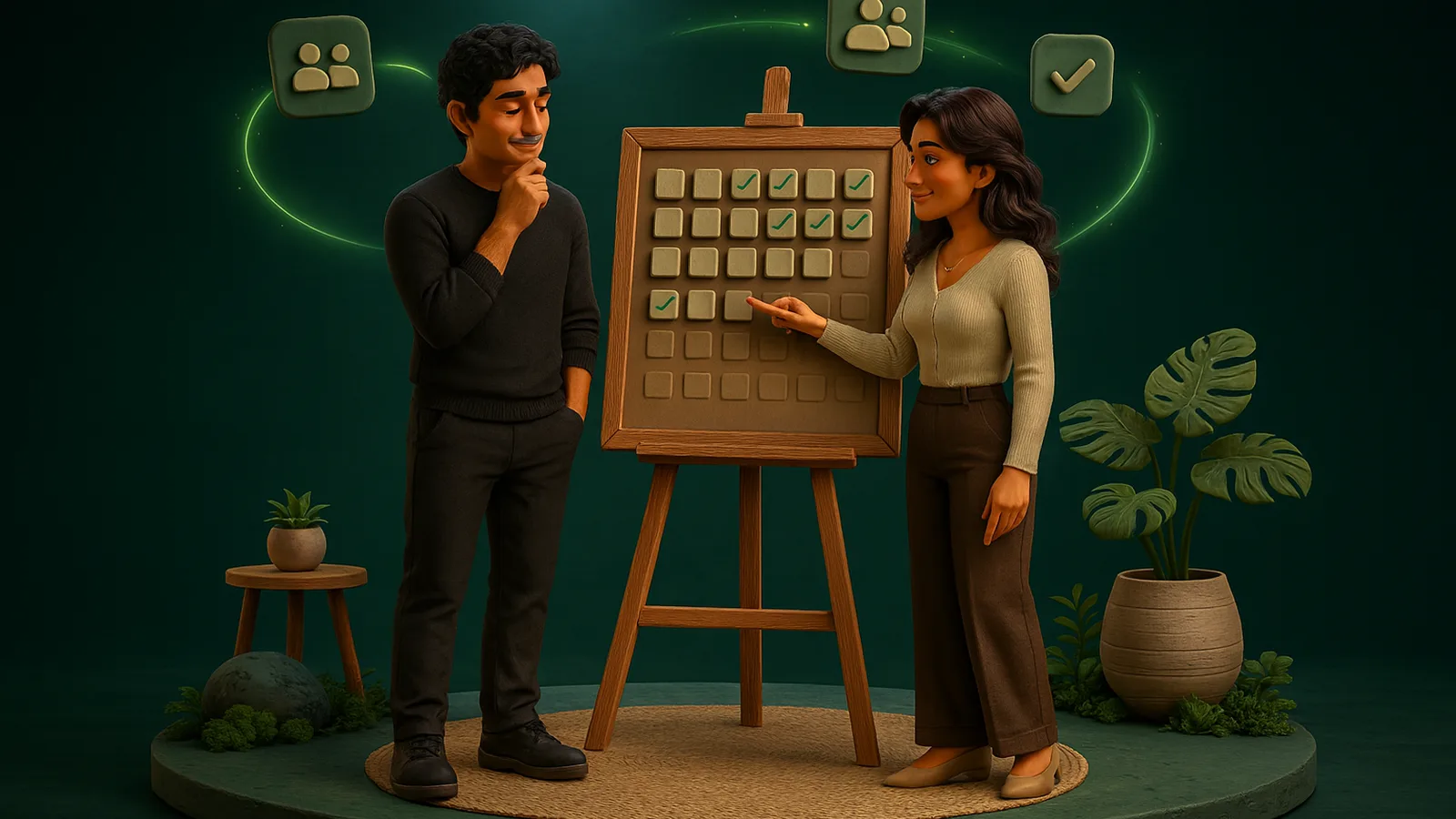 A founder and an AI Operator study a wooden board on an easel covered in a neat grid of clay tiles with checkmarks, dashes and dots.
