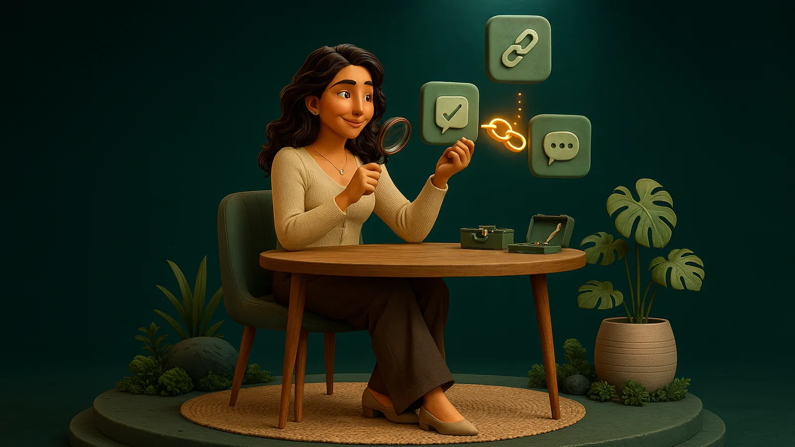 An AI operator at a round table inspects a glowing amber chain link through a magnifying glass, between tiles for a checked message and a chat bubble, with a small repair kit open beside her.