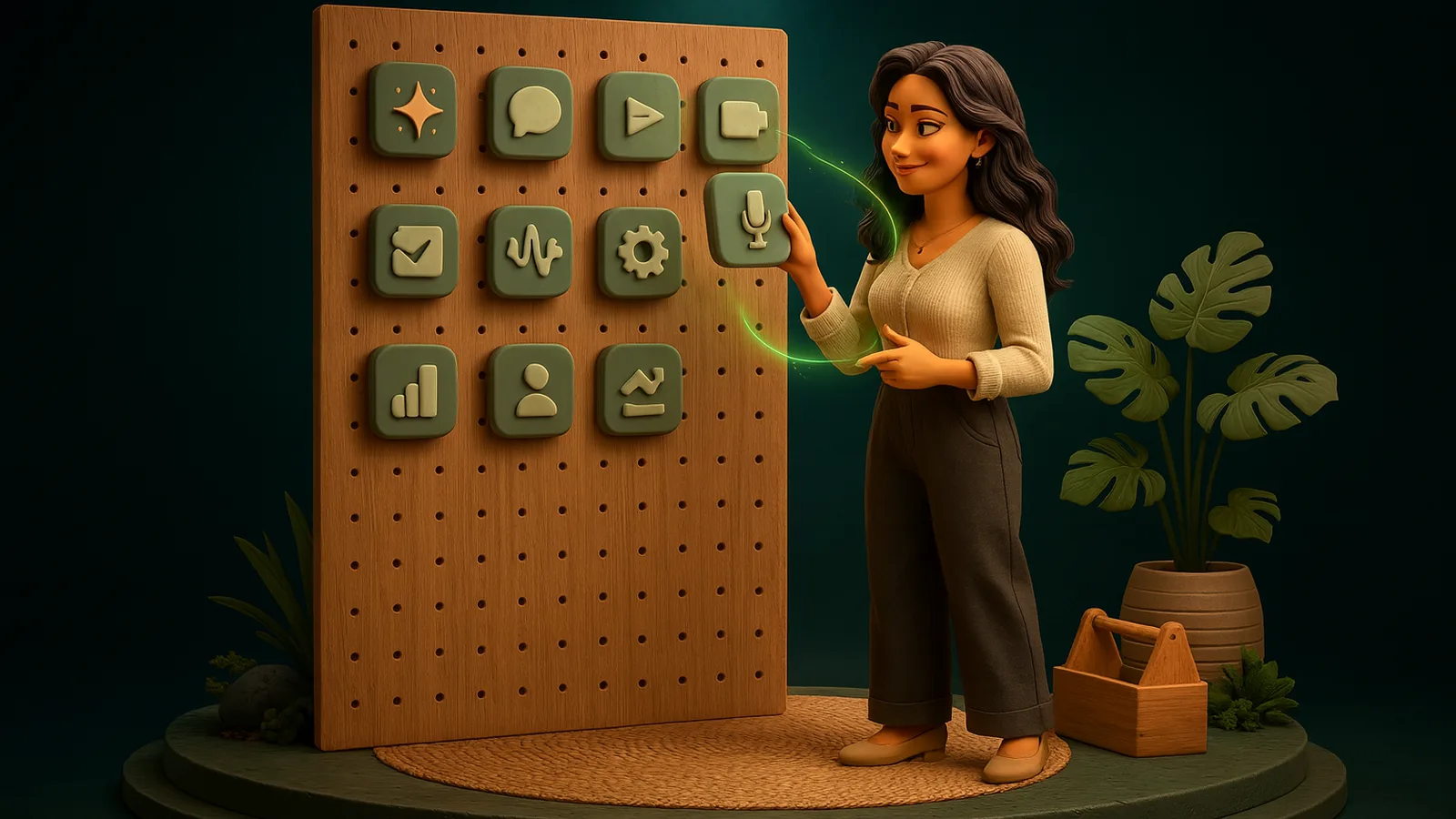An AI operator takes one tile off a wooden pegboard hung with a dozen rounded tool tiles, each with a simple pictogram, joined by thin emerald lines.