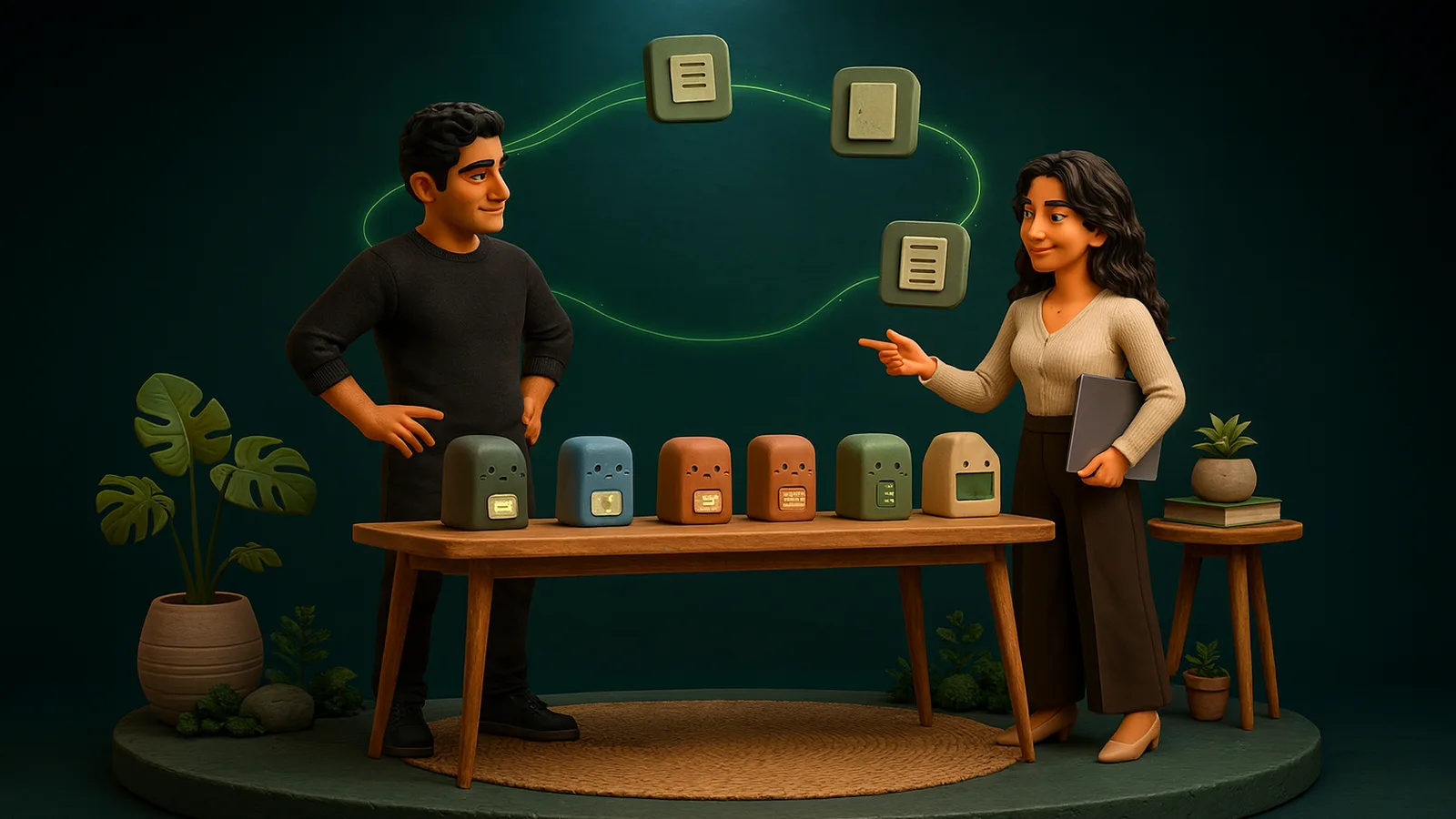 A founder at a wooden table looks along a row of six small plain clay machines while an AI operator points to one of them, with floating app tiles linked by a glowing line above.