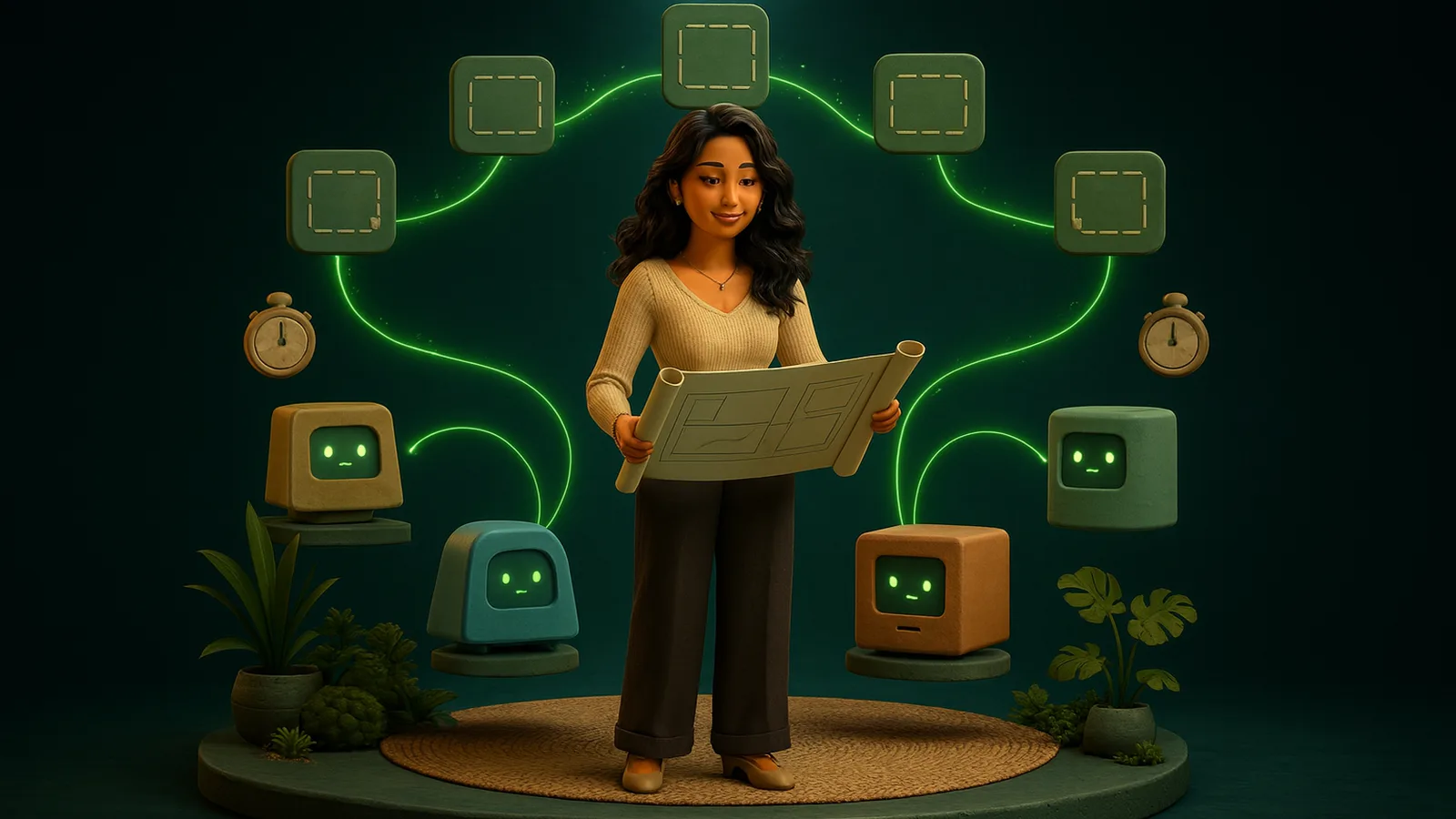 An AI operator holds one paper blueprint while glowing lines fan out to five small plain clay machines, each linked to an empty outline of the same app tile, with stopwatches beside them.