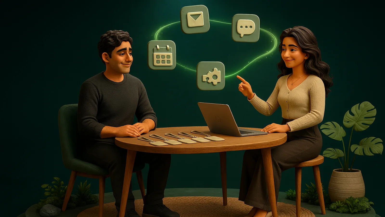 A founder at a round wooden table with a row of unused blank access badges in front of him, while an AI operator across the table points at floating app tiles linked by a glowing line into one working loop.