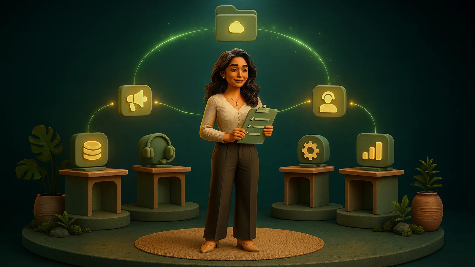 An AI operator with a clipboard stands among small department desks, each with a floating app tile, linked by glowing lines to one shared folder tile above her.