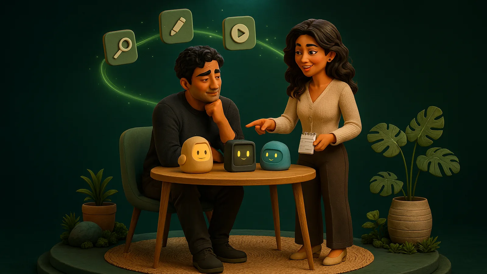 A founder at a wooden table studies three small plain clay assistant machines, sand, slate and sky blue, while an AI operator beside him points to one, holding a small notepad.