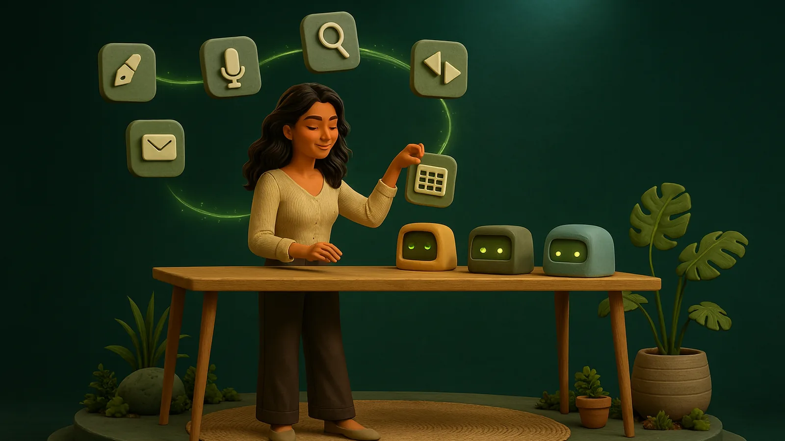 An AI operator at a long wooden workbench sorts floating task tiles, a pen, an envelope, a microphone, a magnifying glass, a spreadsheet grid and code arrows, toward three plain clay machines in sand, slate and sky blue.