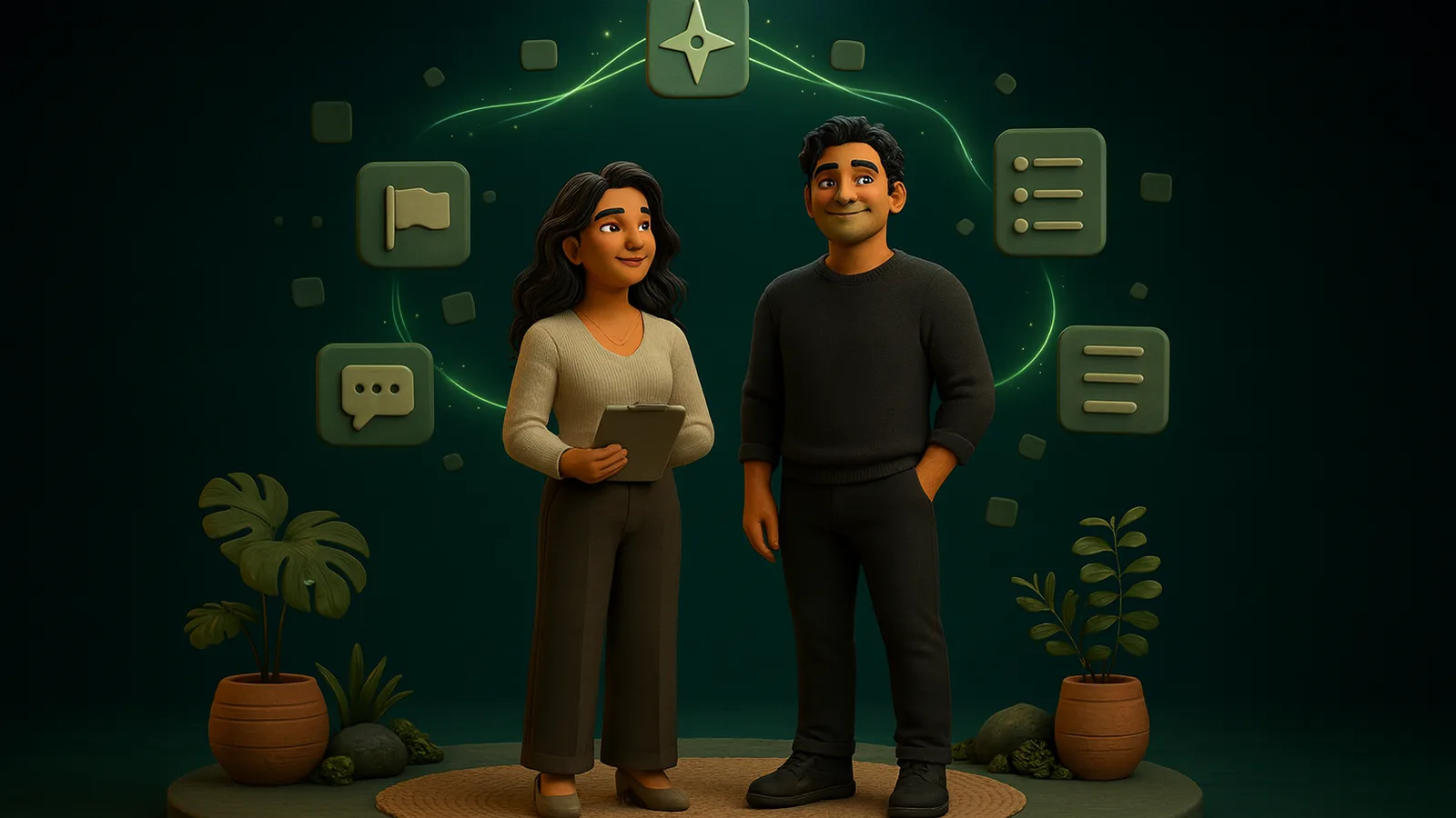A remote executive assistant holding a clipboard stands beside the founder on a clay platform, both looking up at a loop of glowing app tiles for goals, meetings, messages and checklists, with a star tile at the top.