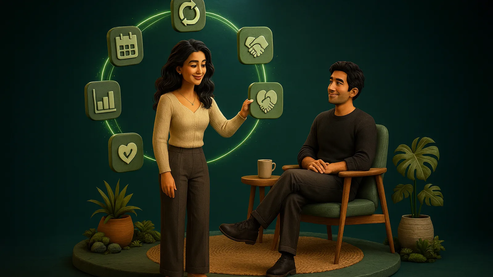 A remote executive assistant places the last tile into a glowing ring of calendar, chart, checklist and handshake tiles, closing the weekly loop, while the founder relaxes in an armchair with a coffee.