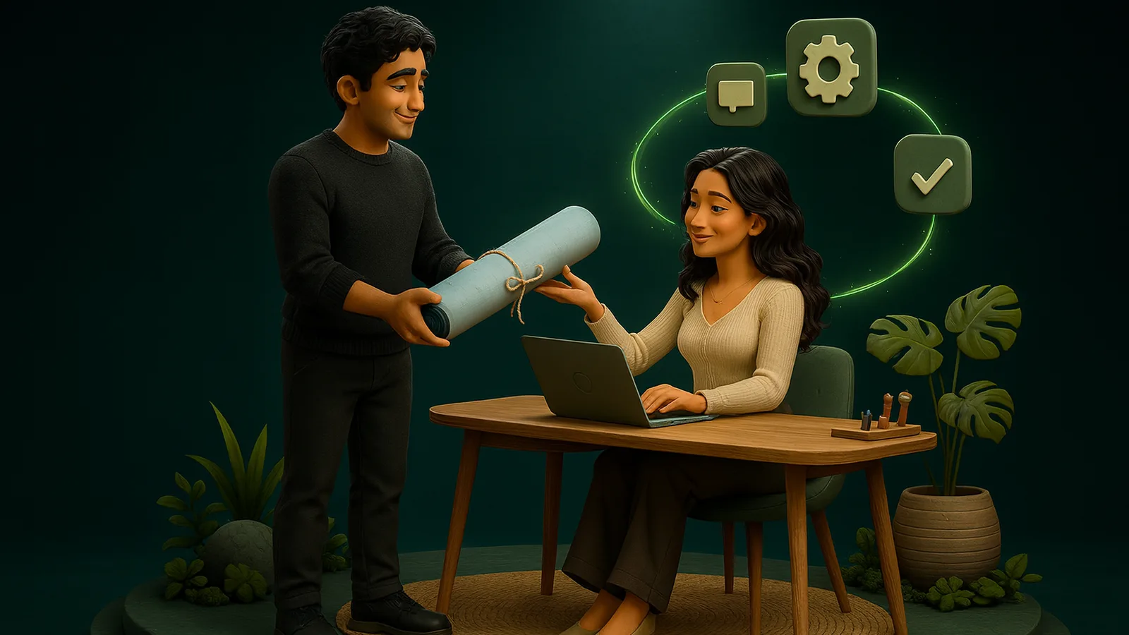 A founder hands a rolled blueprint to an AI operator at her desk, while a small tray of clay tools sits off to the side and app tiles glow above her laptop.