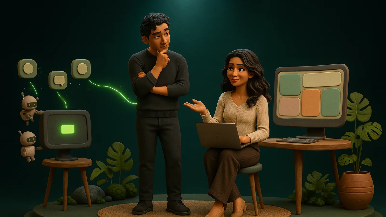 A founder with his hand on his chin looks between a small glowing console with tiny helper robots and a wide desk with a large pastel screen, while an AI operator on a stool works with both.