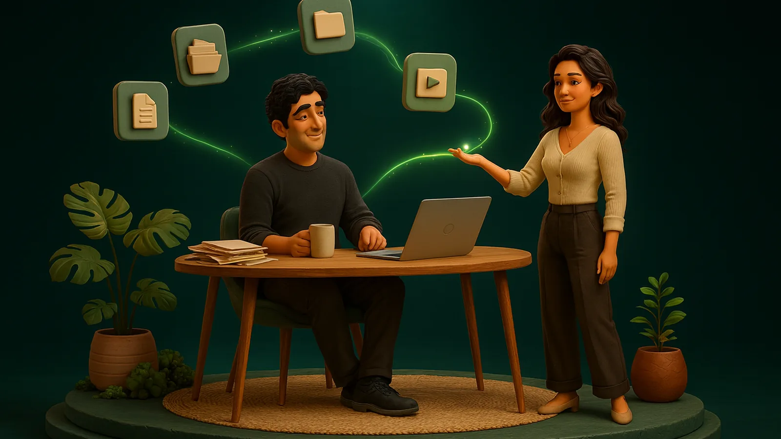 A founder sits at a wooden desk with a coffee and a stack of papers while an AI operator beside him guides a glowing emerald line through floating document, folder and video tiles.