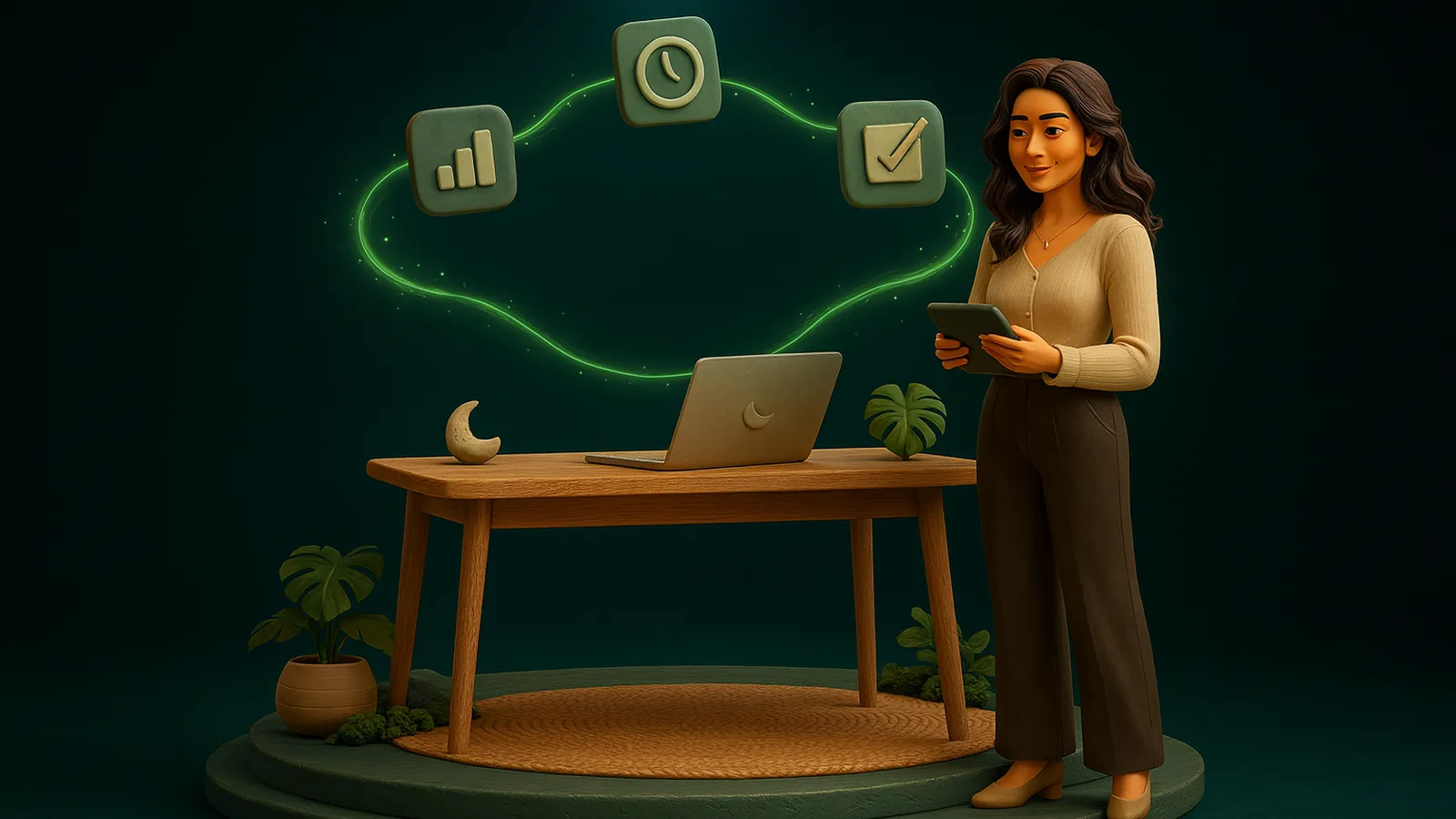 An AI operator holding a tablet stands beside an empty desk with a laptop and a small moon ornament while floating chart, clock and checklist tiles run in a glowing emerald loop.
