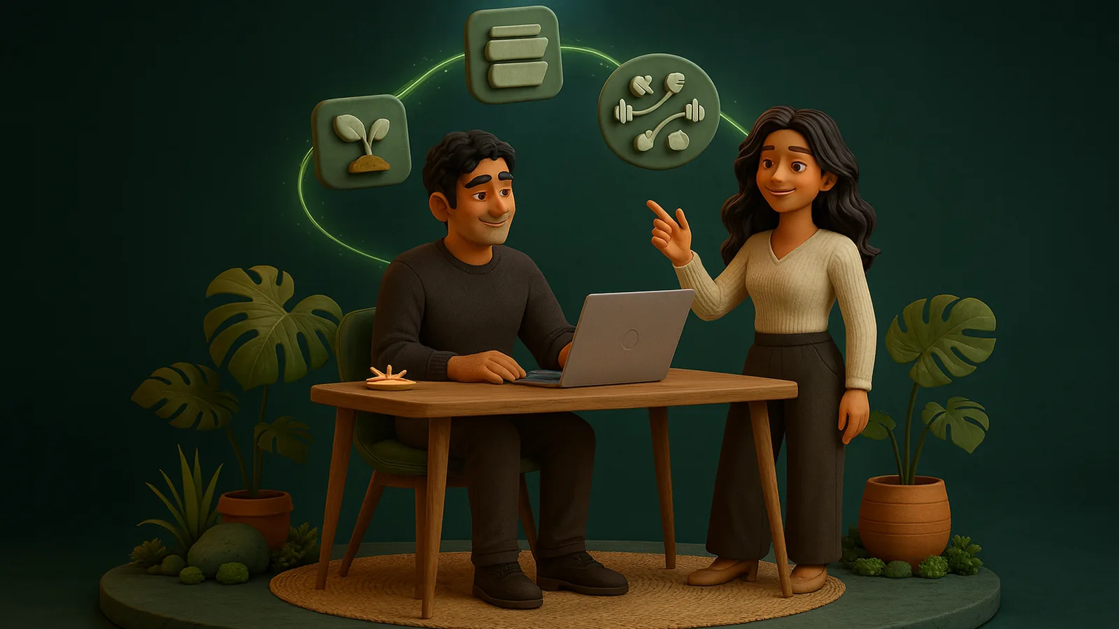 A founder works at a laptop on a wooden desk while an AI operator standing beside him points to floating tiles linked by a glowing emerald line.