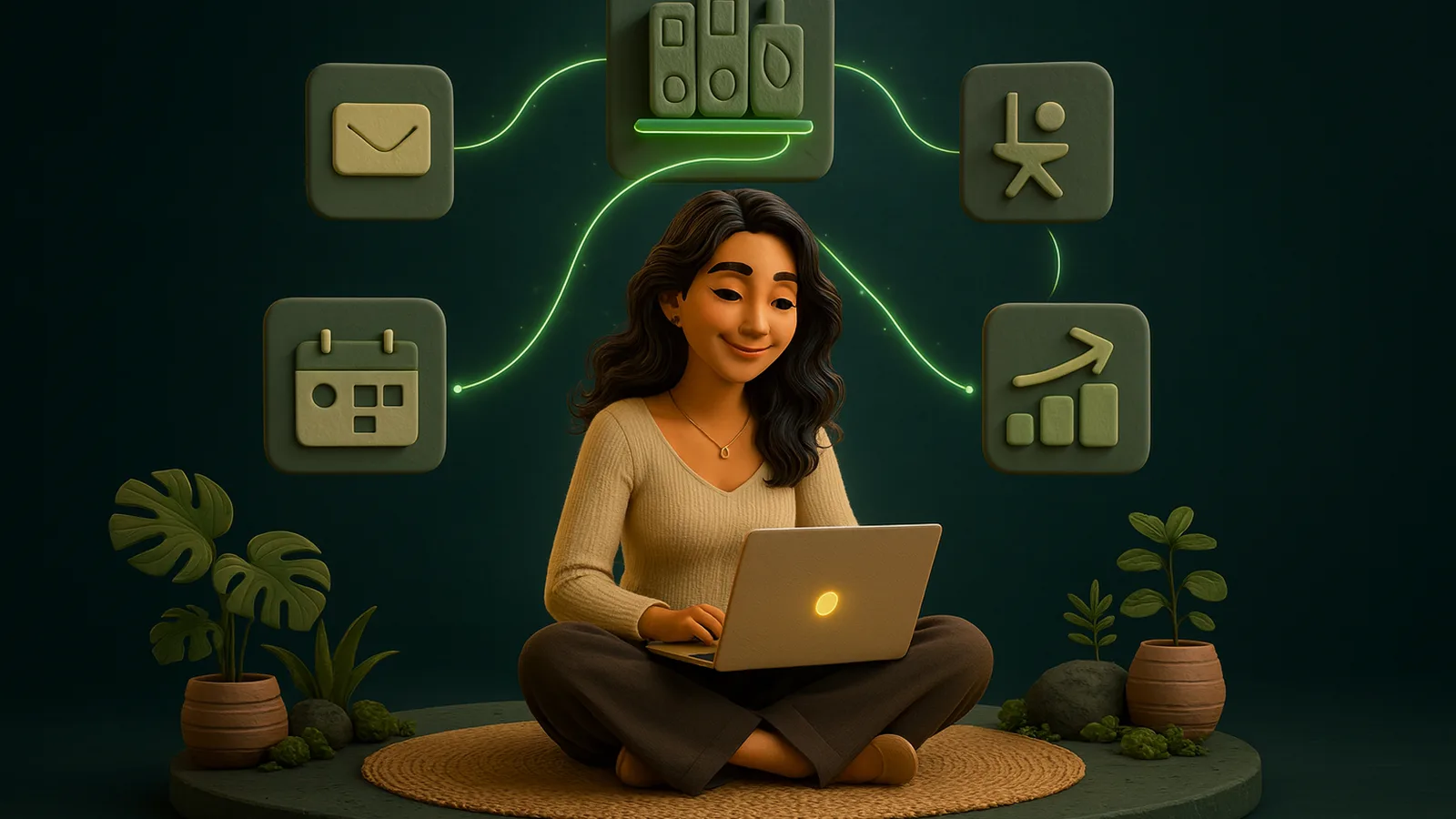 An AI operator sits cross-legged with a laptop beneath a floating shelf of knowledge books linked by emerald lines to tiles for email, calendar, a person and a chart.