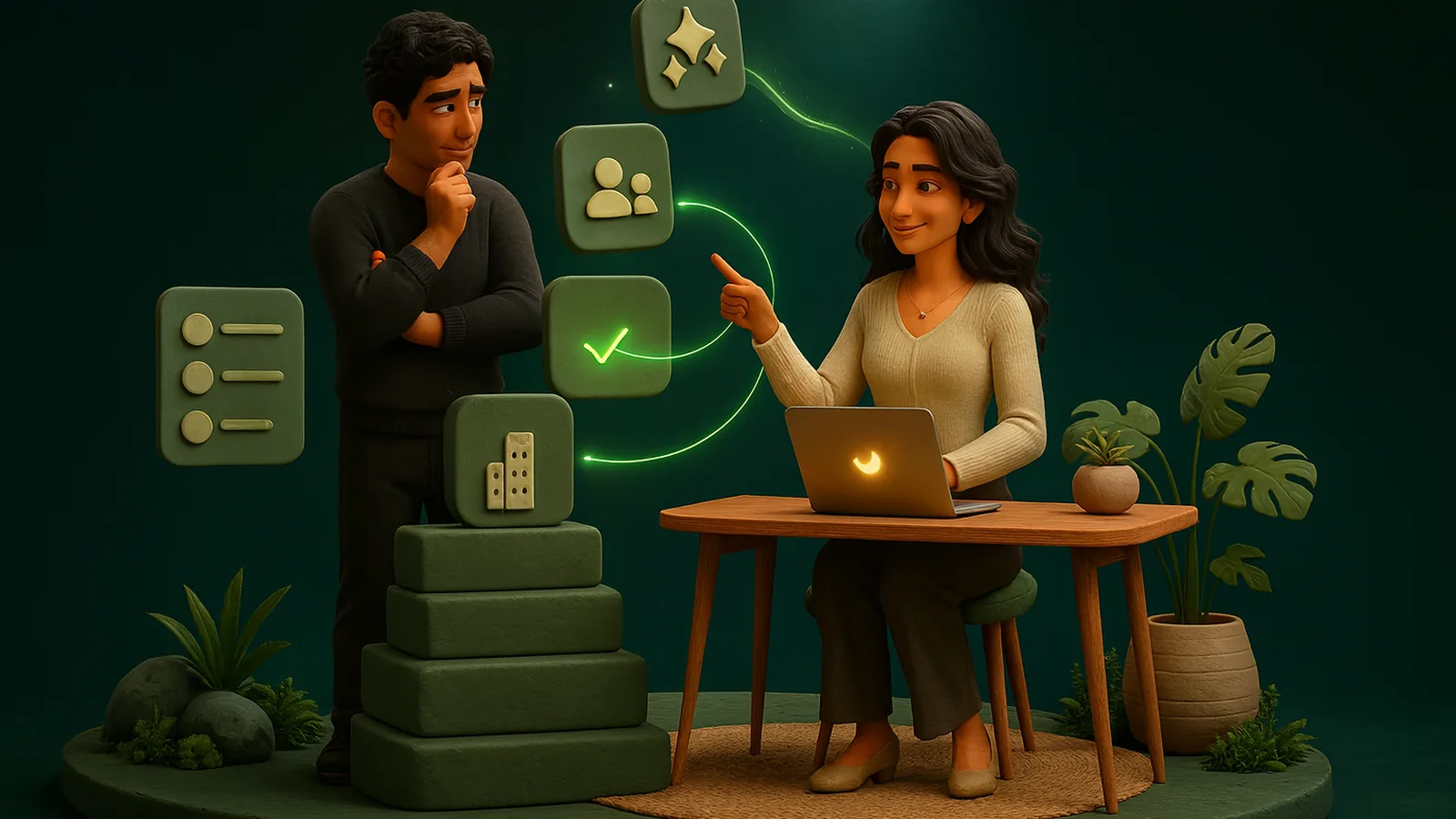 A founder with his hand on his chin stands by a stack of clay pedestals while an AI operator at a laptop points to a floating plan tile marked with a check.