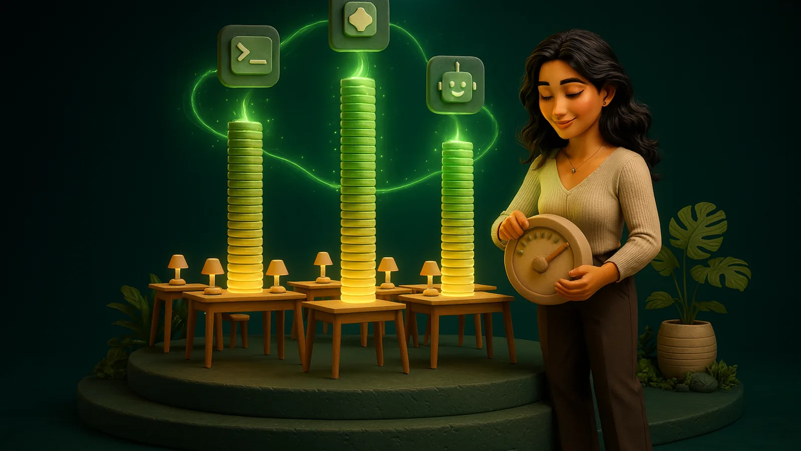 Small wooden desks on a clay platform, three of them under tall glowing columns of clay coins, while an AI operator holds a large dial gauge to cap the spend.