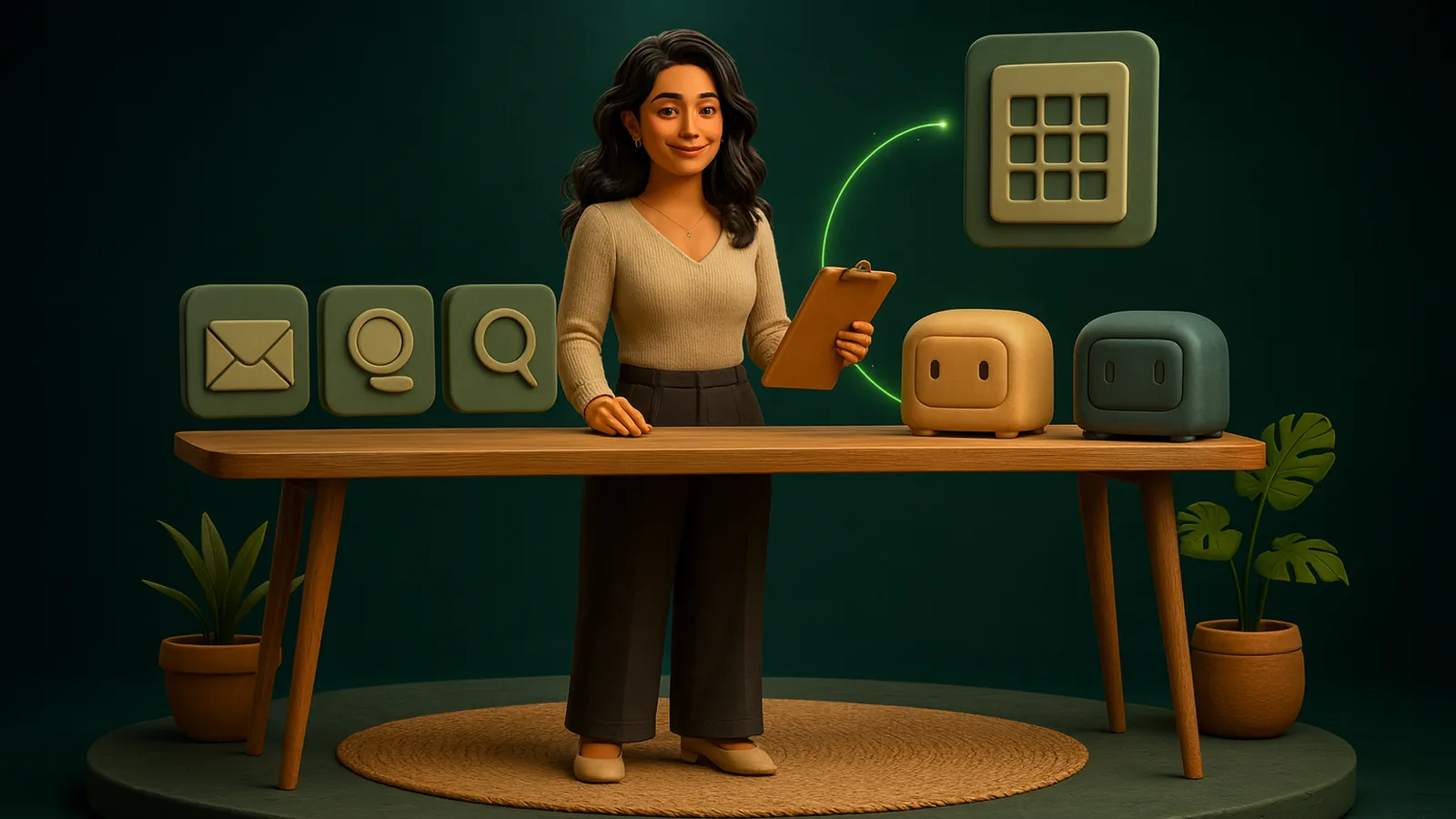 An AI operator with a clipboard stands at a workbench between a row of task tiles and two plain clay machines, one sand-colored and one slate-grey, ready to test both.