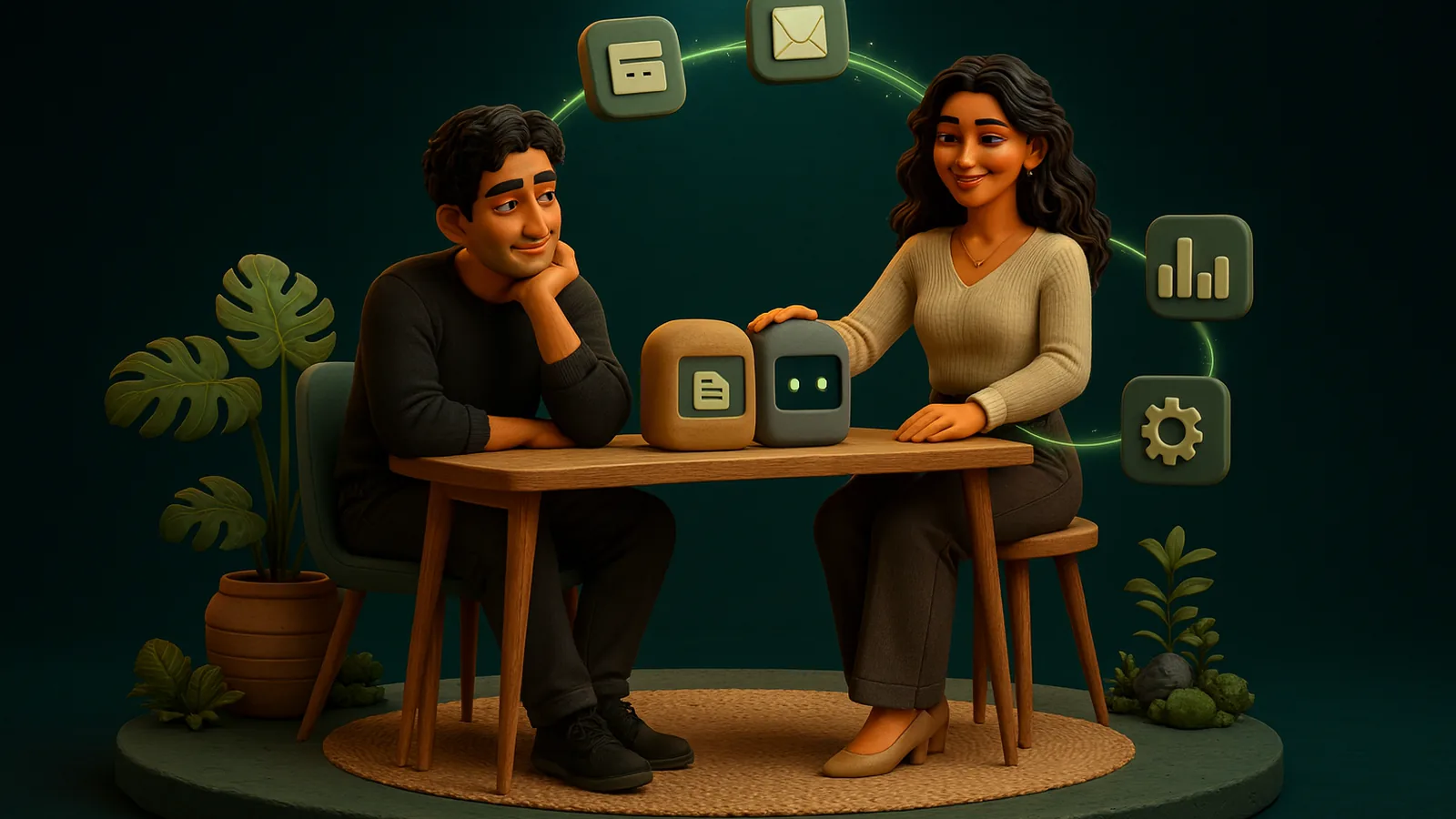 A founder at a wooden table looks at two small plain clay machines while an AI operator seated beside him rests a hand on one, with glowing app tiles linked around her.