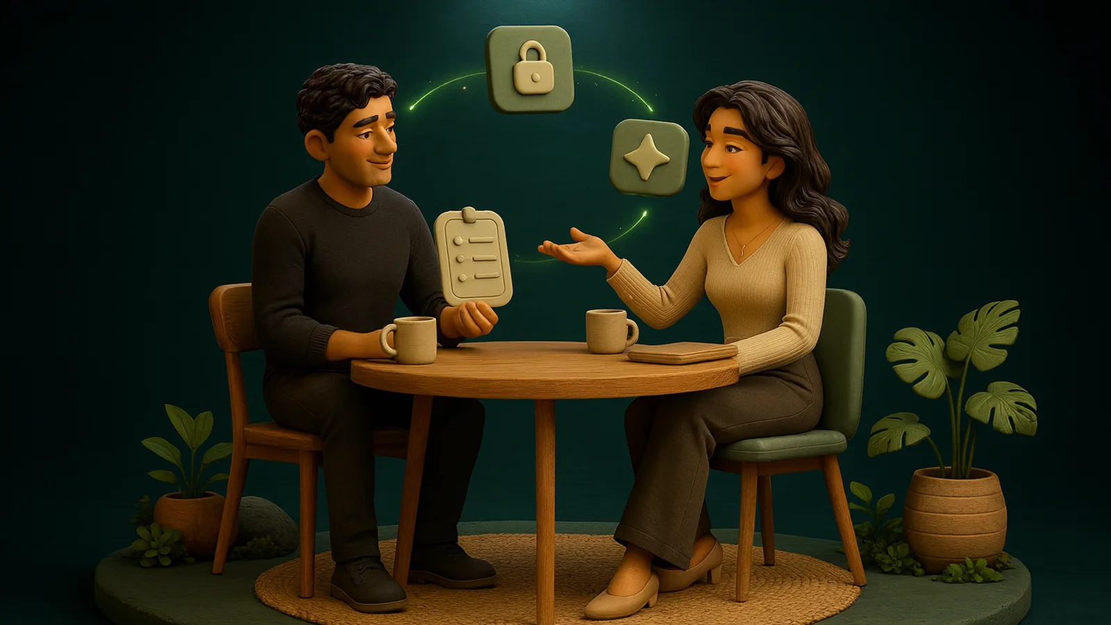 A founder holding a blank scorecard listens across a small table as a remote executive assistant explains her answer, with glowing privacy and AI tiles linked above them.