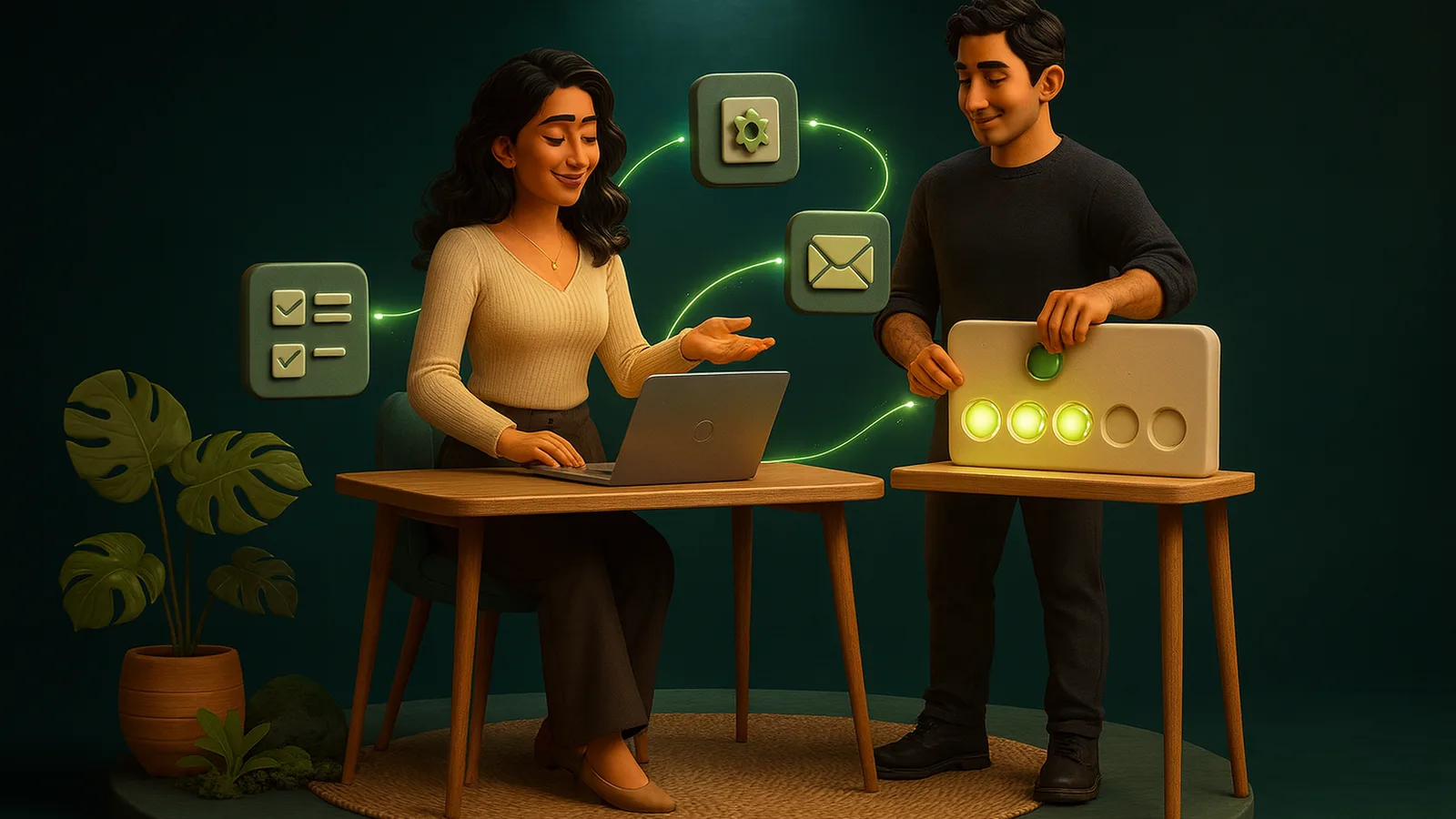 A founder places a glowing token into the fourth of five slots on a blank clay board while a remote executive assistant shows him a small working automation of linked app tiles on her laptop.