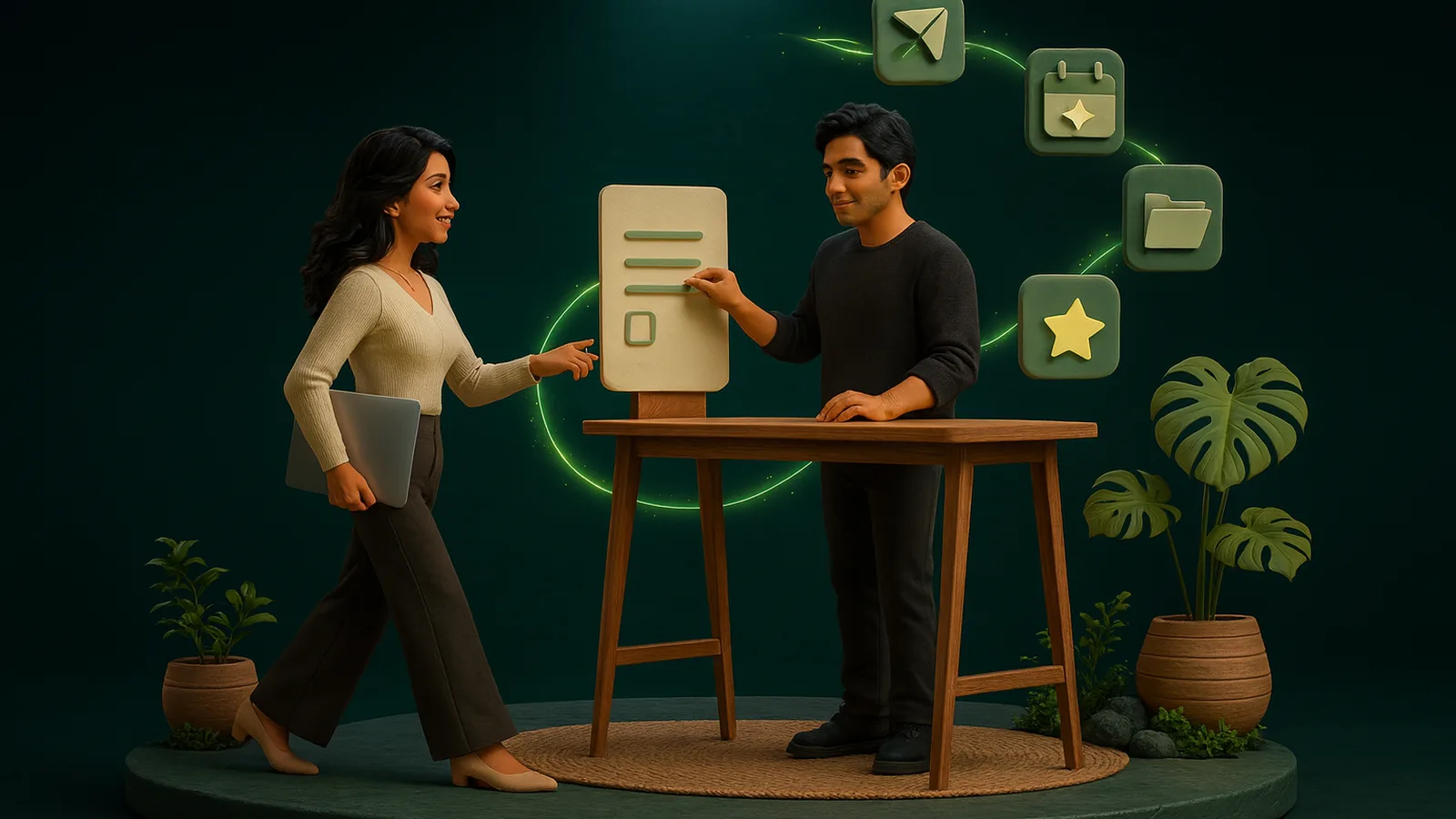 A founder pins a blank role card to a board while a remote executive assistant walks up with her laptop and reaches for the glowing lines that link the card to email, calendar, travel, files and AI tiles.