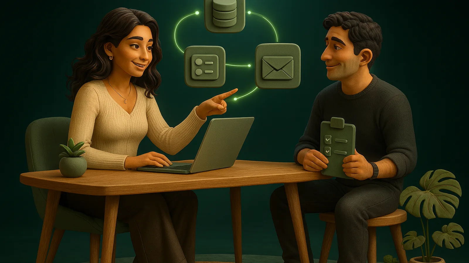 A remote executive assistant explains a small working chain of form, database and email tiles she built, while the founder leans in holding a clipboard with three checkmarks.