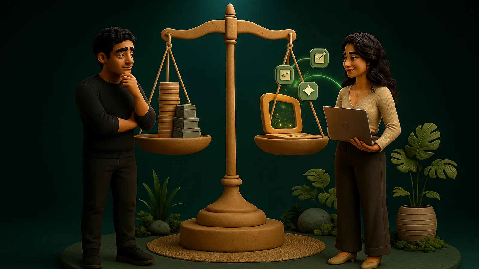 A founder weighs a heavy stack of coins and filing boxes against a small stack of coins and a remote professional's laptop on a clay balance scale.