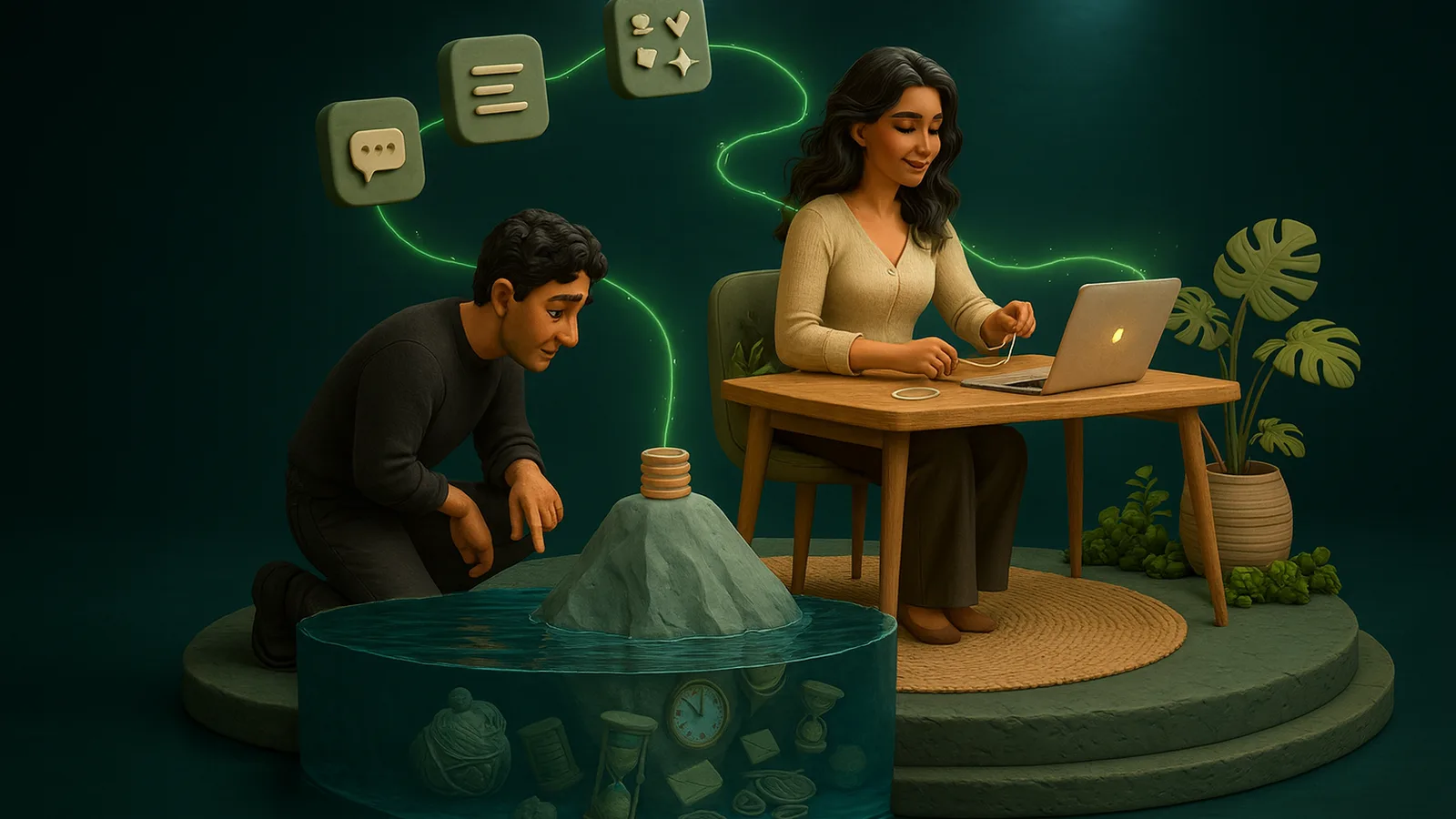 A founder kneels at a pool and looks down at a clay iceberg: a small stack of coins on the tip and a hidden mass of hourglasses, clocks and tangled string below the water, while a remote professional works calmly at her desk.